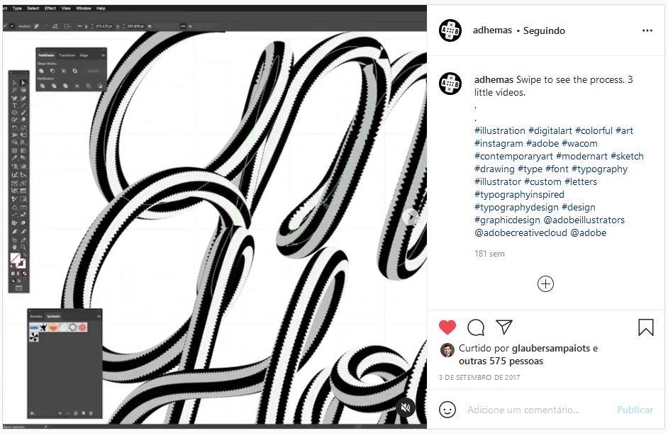 Post do Instagram onde o designer Adhemas Batista demonstra no software vetorial Illustrator uma forma de criar letterings cursivos com várias cores.